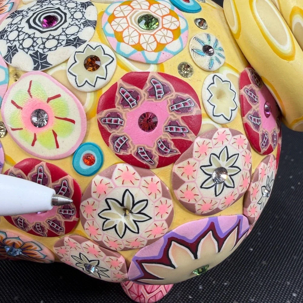 Billie Beads 2003 Handcrafted Piggy Bank Yellow Floral Millefiori Rhinestone 7in